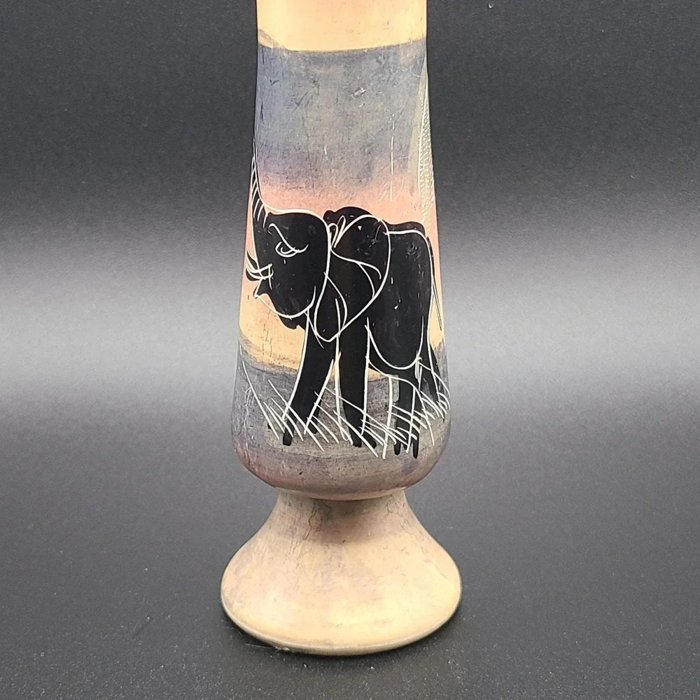 Hand Carved Soapstone Bud Vase Etched Painted Elephant Kenya Desert